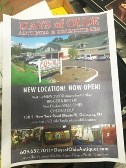 Flyer announcing the opening of Days of Olde Antiques & Collectibles at a new location in Galloway, NJ.